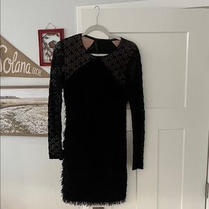 Black Long-Sleeve Lace Fringe Bodycon Dress